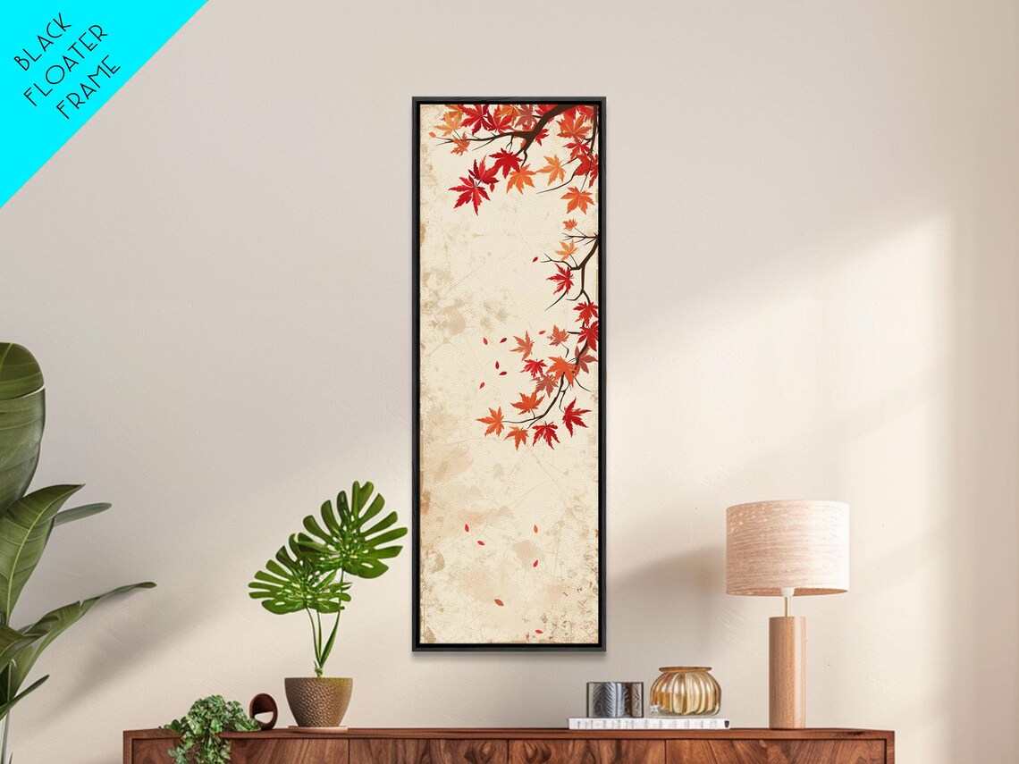 Vintage Maple Branch Red Autumn Leaves Cream Tall Decor Print - Image 2