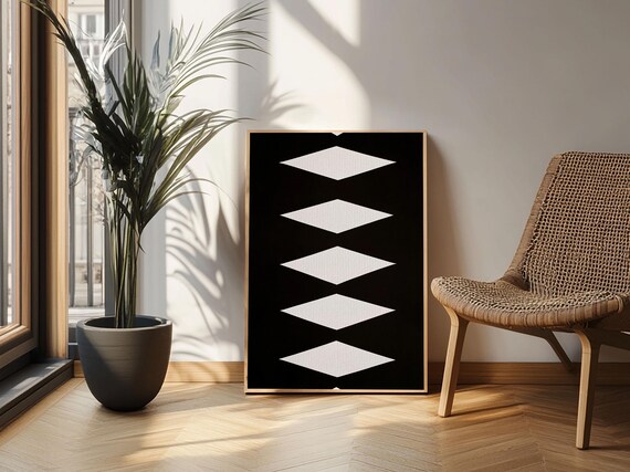 White Diamonds Black Background Southwestern Aztec Geometric Art Print