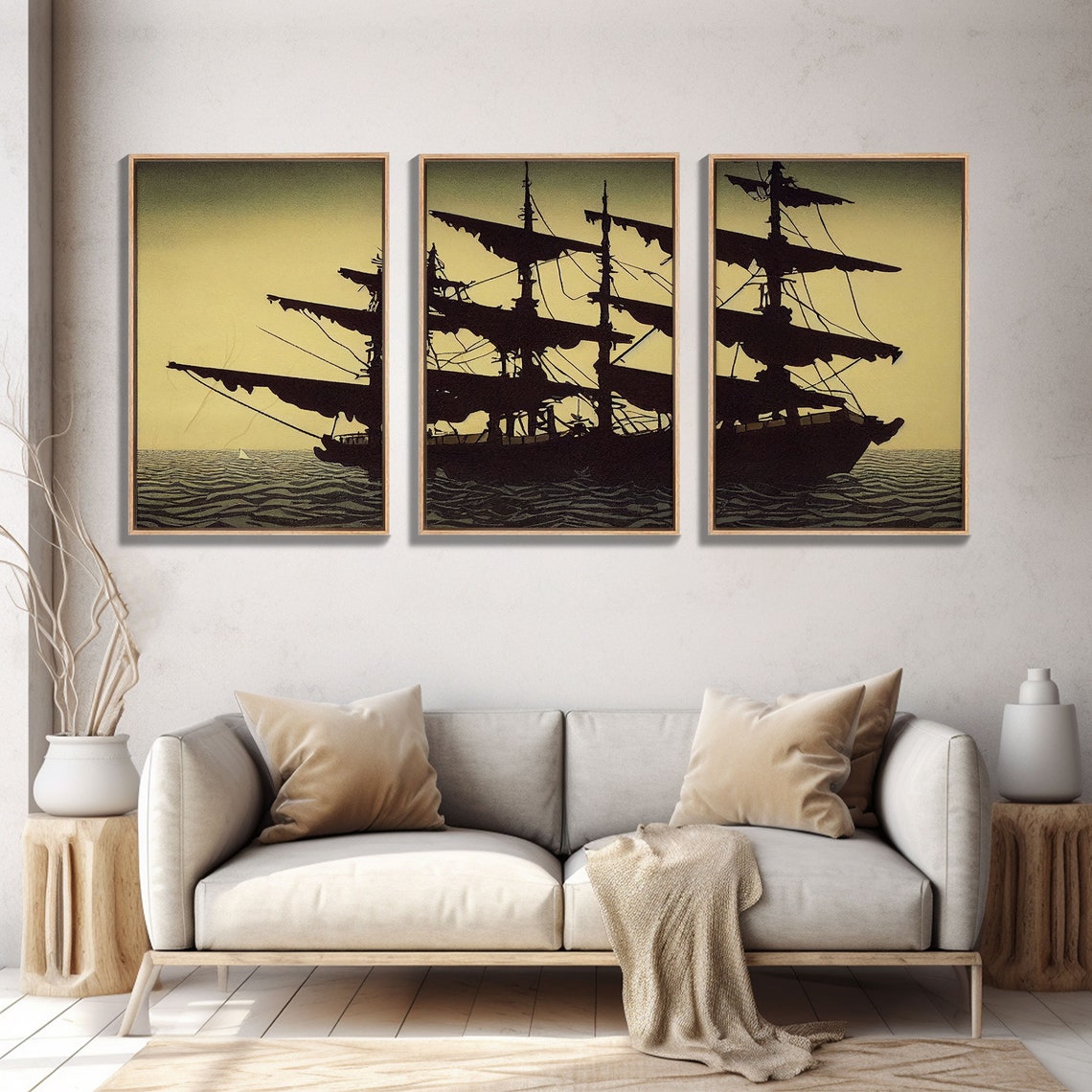 Ghost Pirate Ship Silhouette At Sea Vintage Three Piece Sailing Print - Image 5