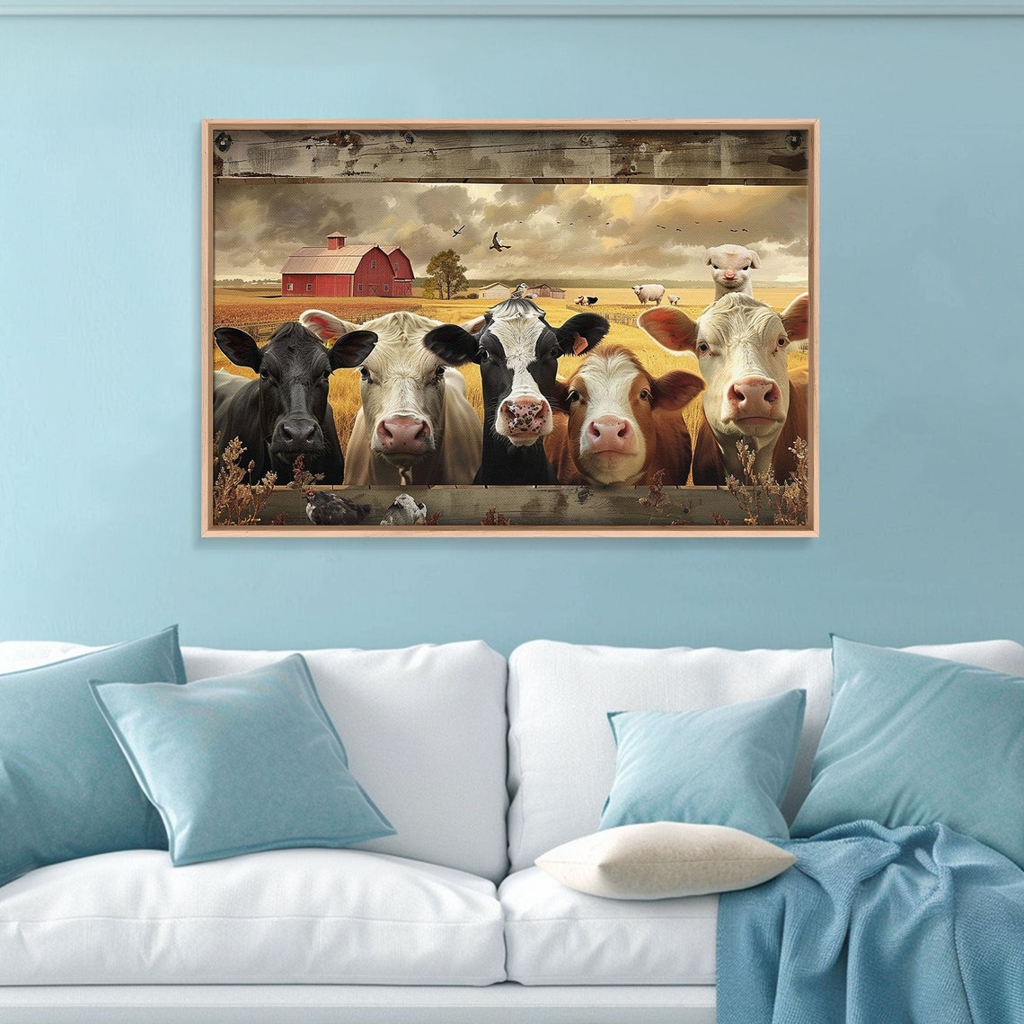 Funny Cows Over Fence Red Barn Cute Farm Animals Whimsical Art Poster