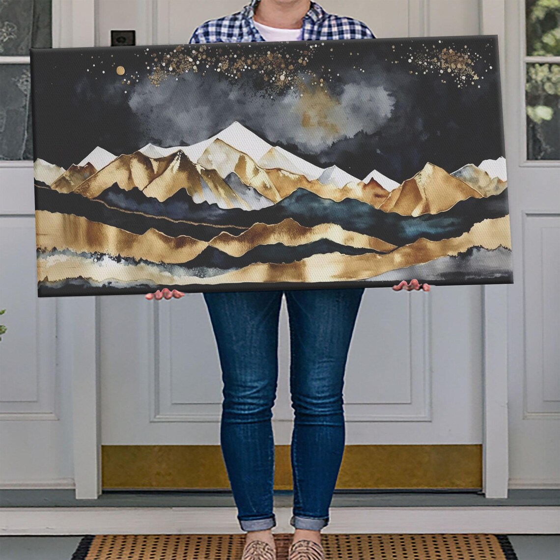 Black And Gold Abstract Mountain Peaks Modern Luxury Watercolor Poster - Image 4