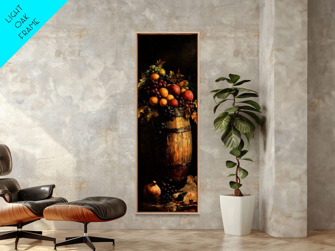 Still Life Oil Painting Print Of Fruit And A Wine Barrel Wine Room Art Wine Cellar Art Bar Decor Tall Skinny Art Skinny Vertical Art - Image 3