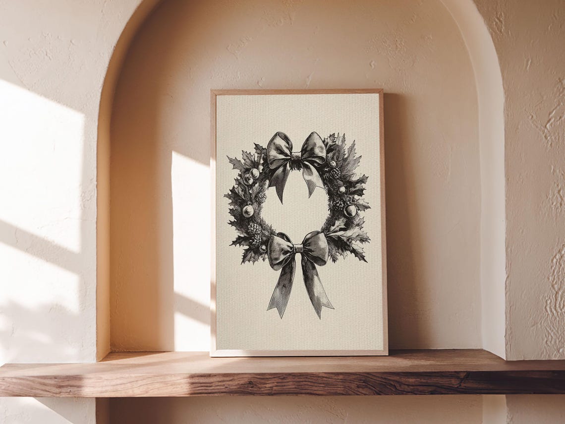 Christmas Wreath Sketch Bow Black And White Minimalist Holiday Poster - Image 6