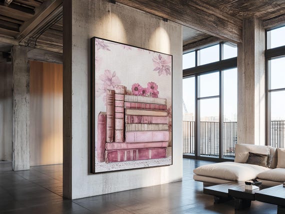 Vintage Watercolor Books And Pink Flowers Framed Print Cottagecore Wall Art Rustic Decor Perfect Above Couch Art Or Library Decor
