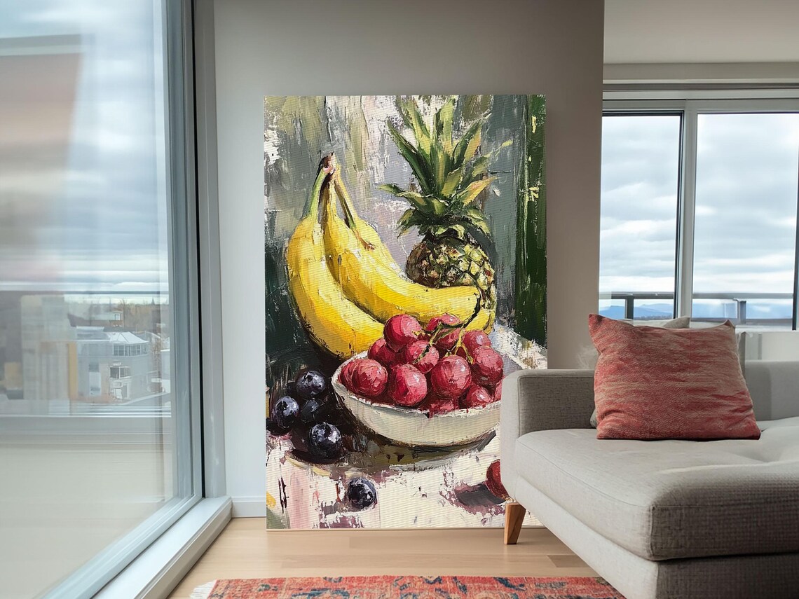 Banana Pineapple Cherries Fruit Bowl Still Life Oil Painting Poster - Image 6