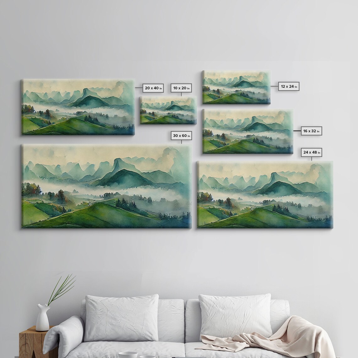 Foggy Mountain Valley Watercolor Panoramic Art Print - Image 2