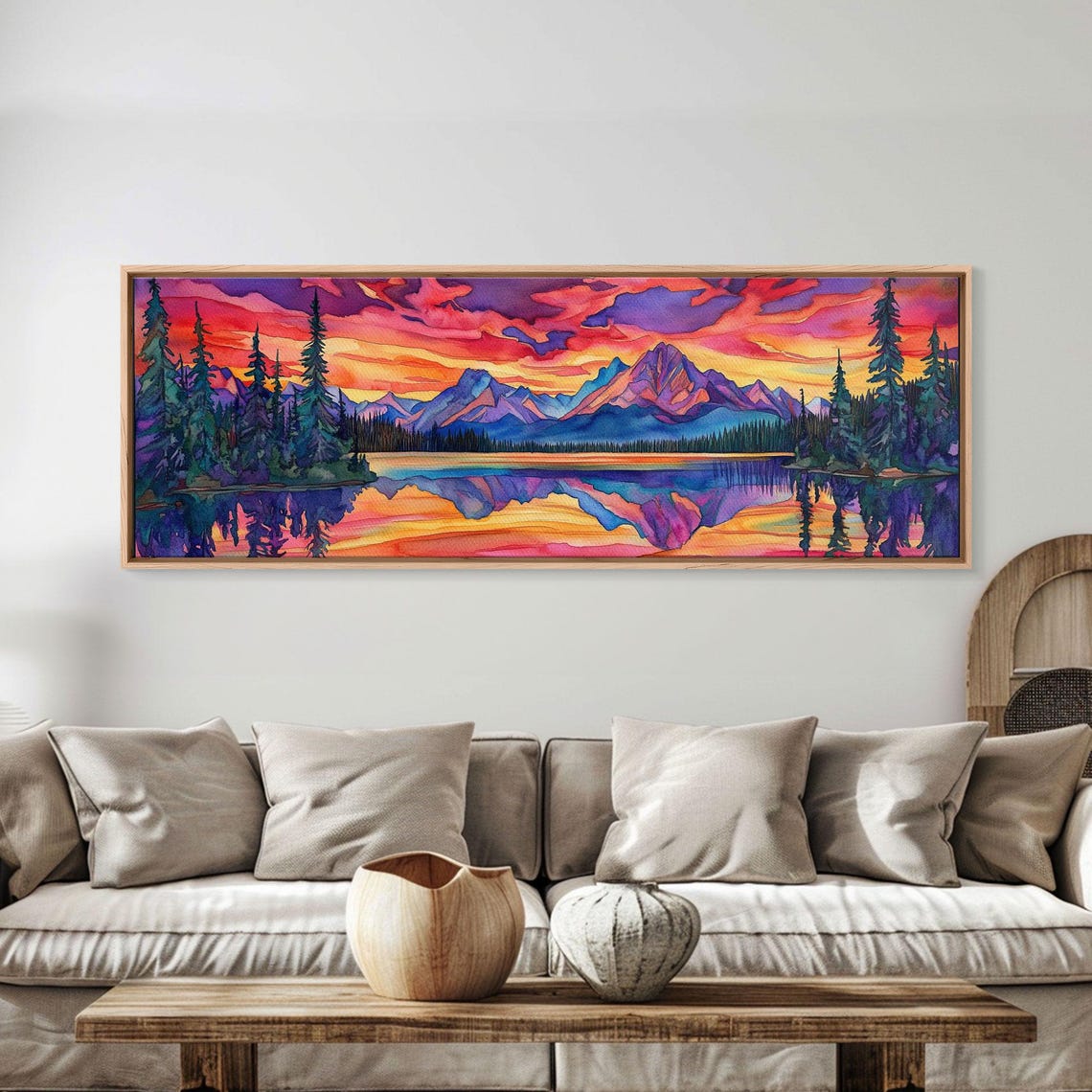 Surreal Pink Sunset Mountain Lake Reflection Pine Trees Art Poster - Image 6