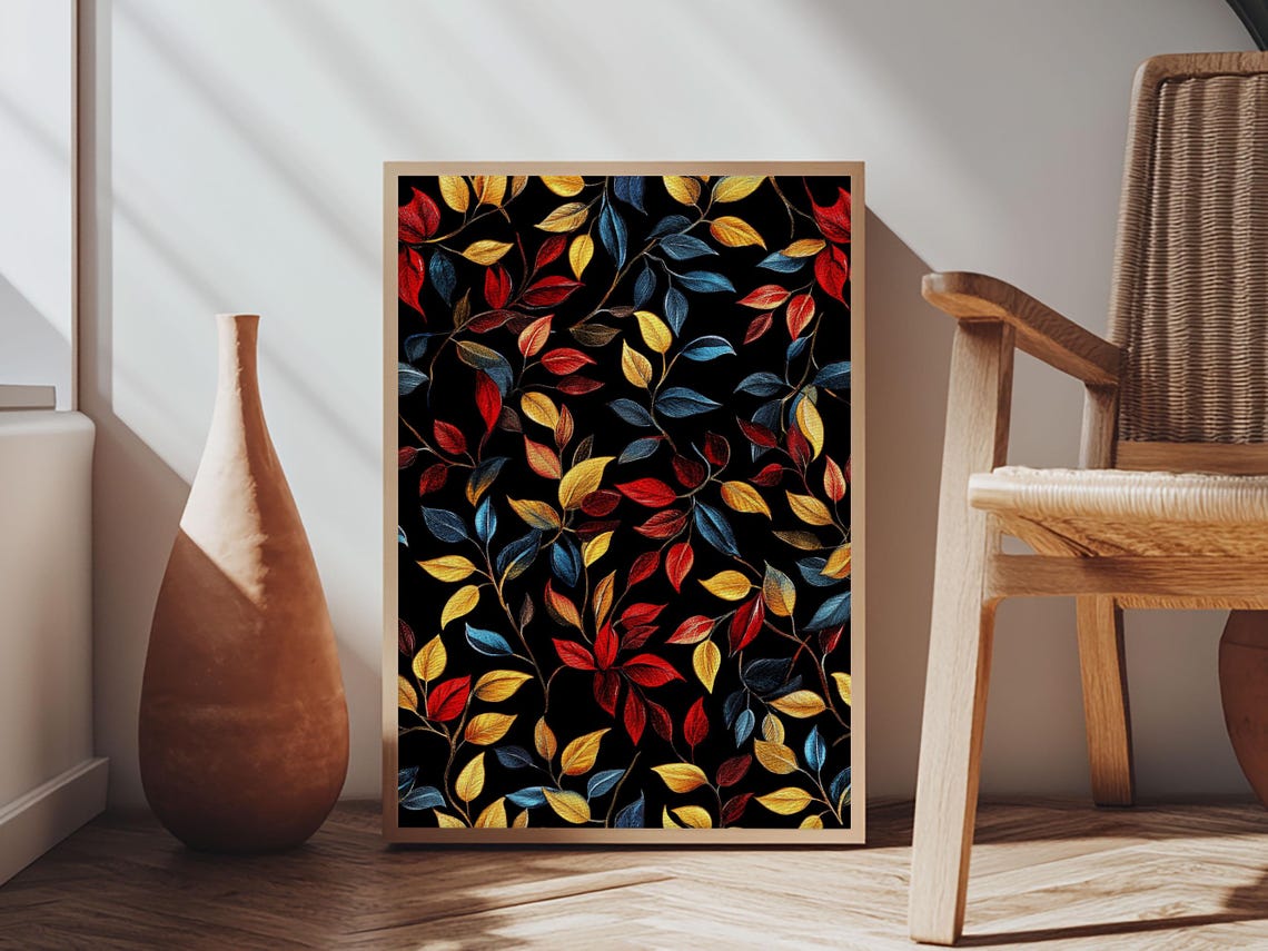 Retro Fall Leaves Pattern Red Gold Teal Black Background Art Print - Image 5