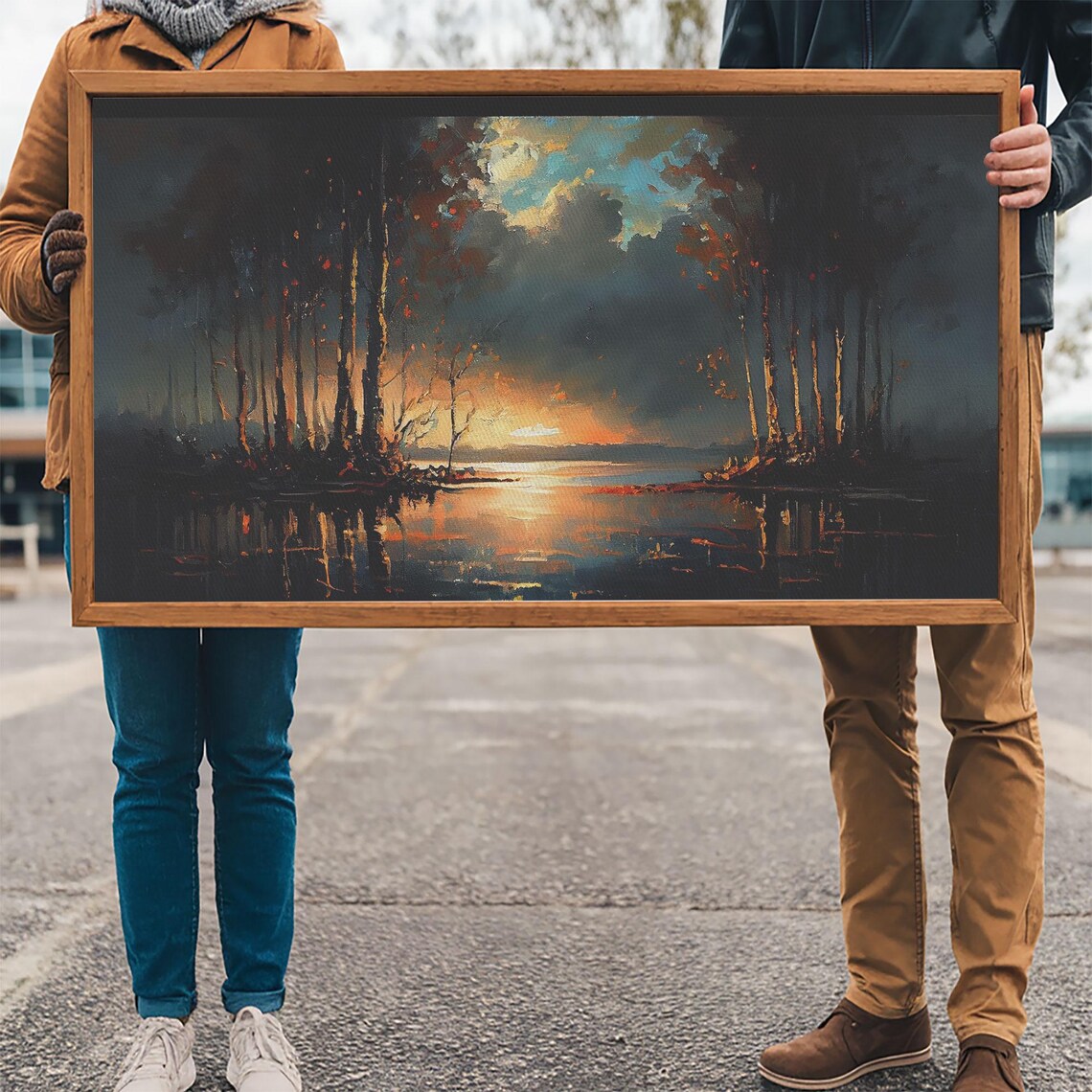 Moody Dark Lake Sunset Orange Glow Reflection Vintage Style Poster - Image 3
