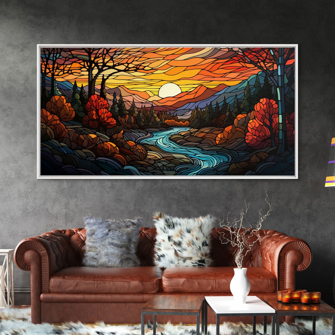 Stained Glass Style Sunset River Mountains Fall Landscape Poster