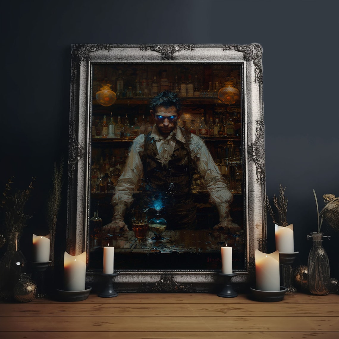 Mysterious Bartender With Glowing Eyes Behind Haunted Bar Poster