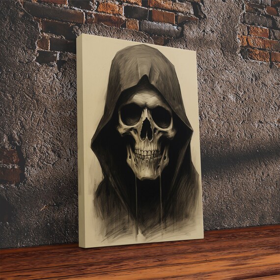 Hooded Skull Charcoal Drawing Dark Gothic Skeleton Wall Art Poster