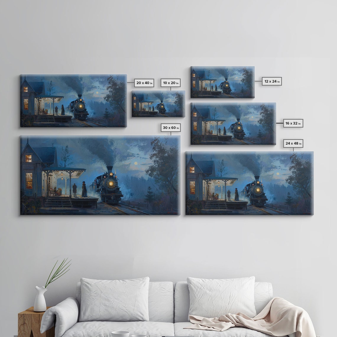 Steam Train Arriving At Moonlit Night Station Spooky Halloween Print - Image 2