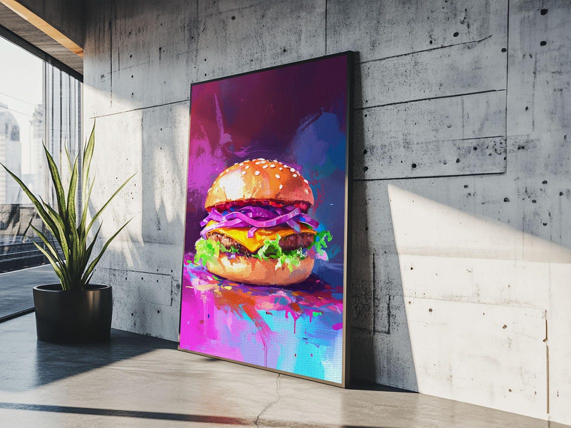 Pop Art Cheeseburger Neon Purple Kitchen Food Painting Art Print - Image 6