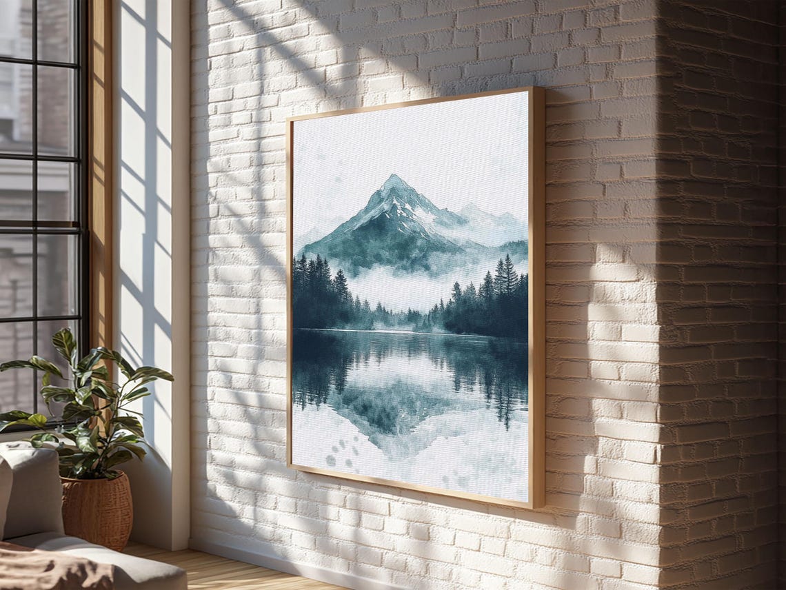 Foggy Mountain Lake Watercolor Misty Pines Serene Landscape Poster - Image 6