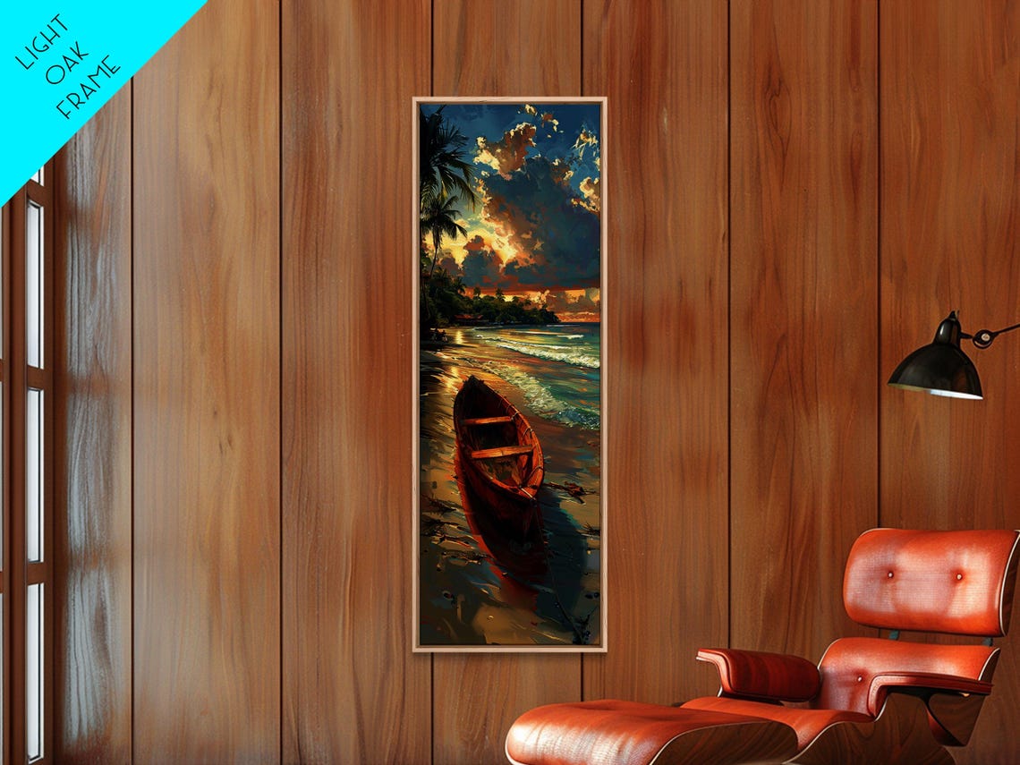 Red Boat Tropical Shoreline Sunset Palms Dramatic Clouds Art Poster - Image 5
