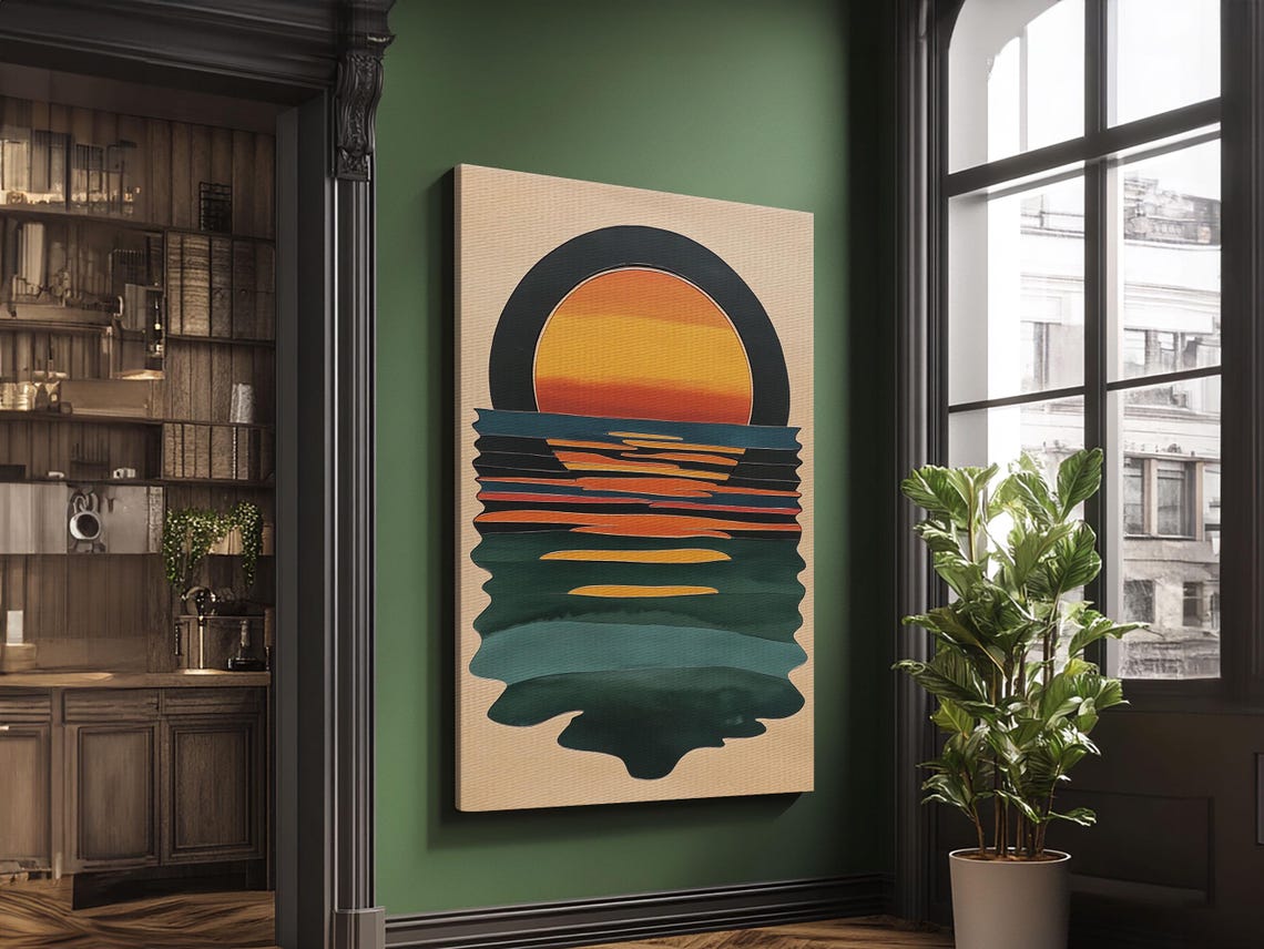 Art Deco Sunset Over Emerald Ocean Waves Minimalist Retro Art Poster - Image 3