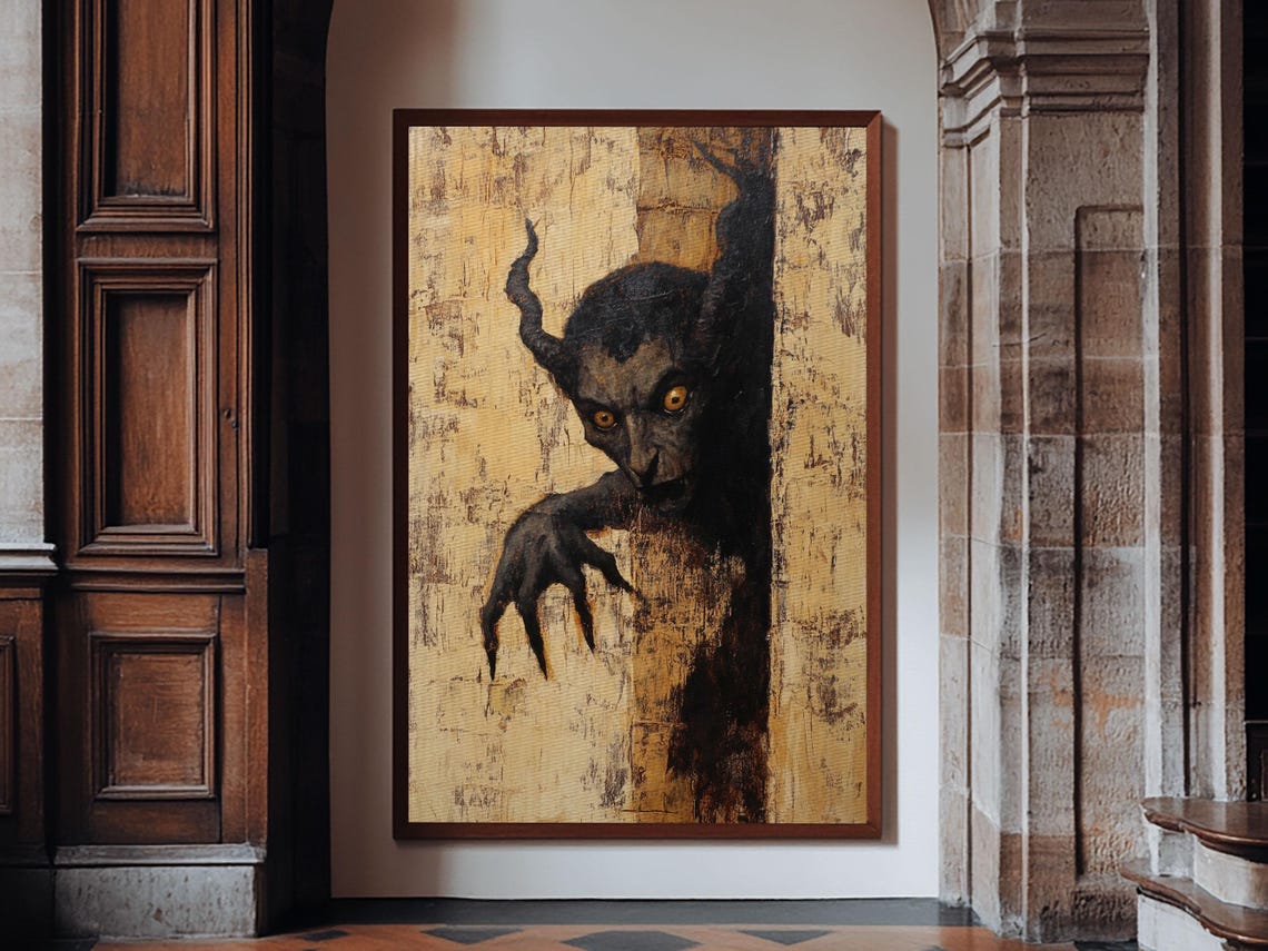 Horned Demon Peeking Around Wall Dark Horror Painting Poster - Image 4