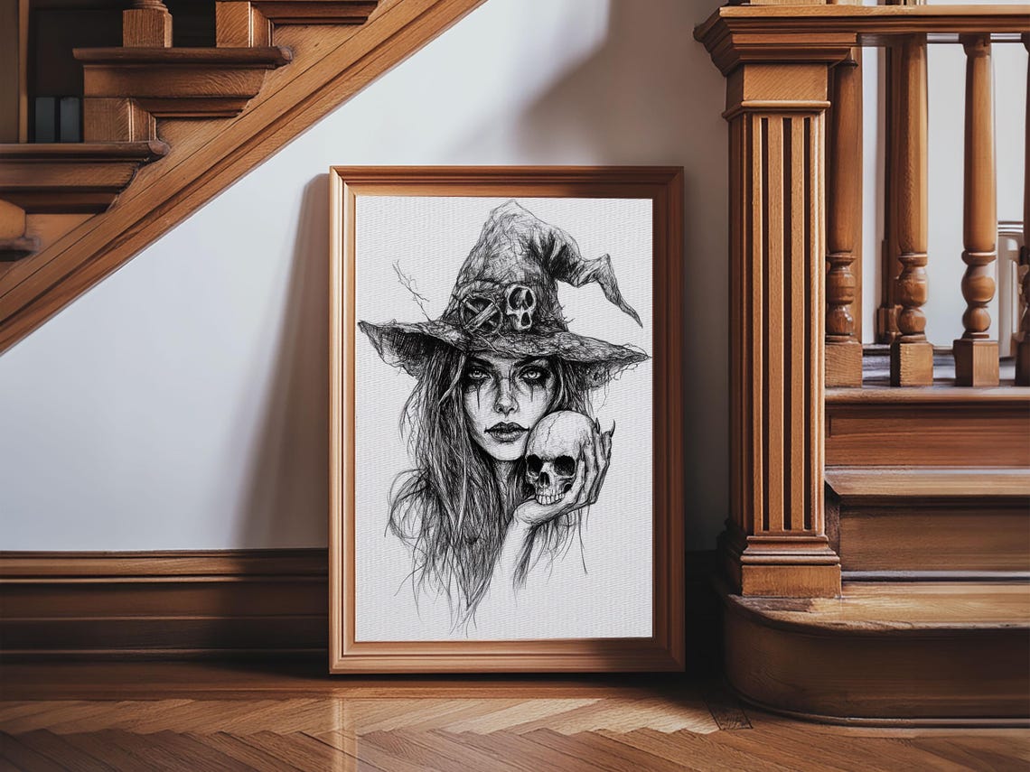 Witch Holding Skull Charcoal Portrait Dark Halloween Art Poster - Image 4