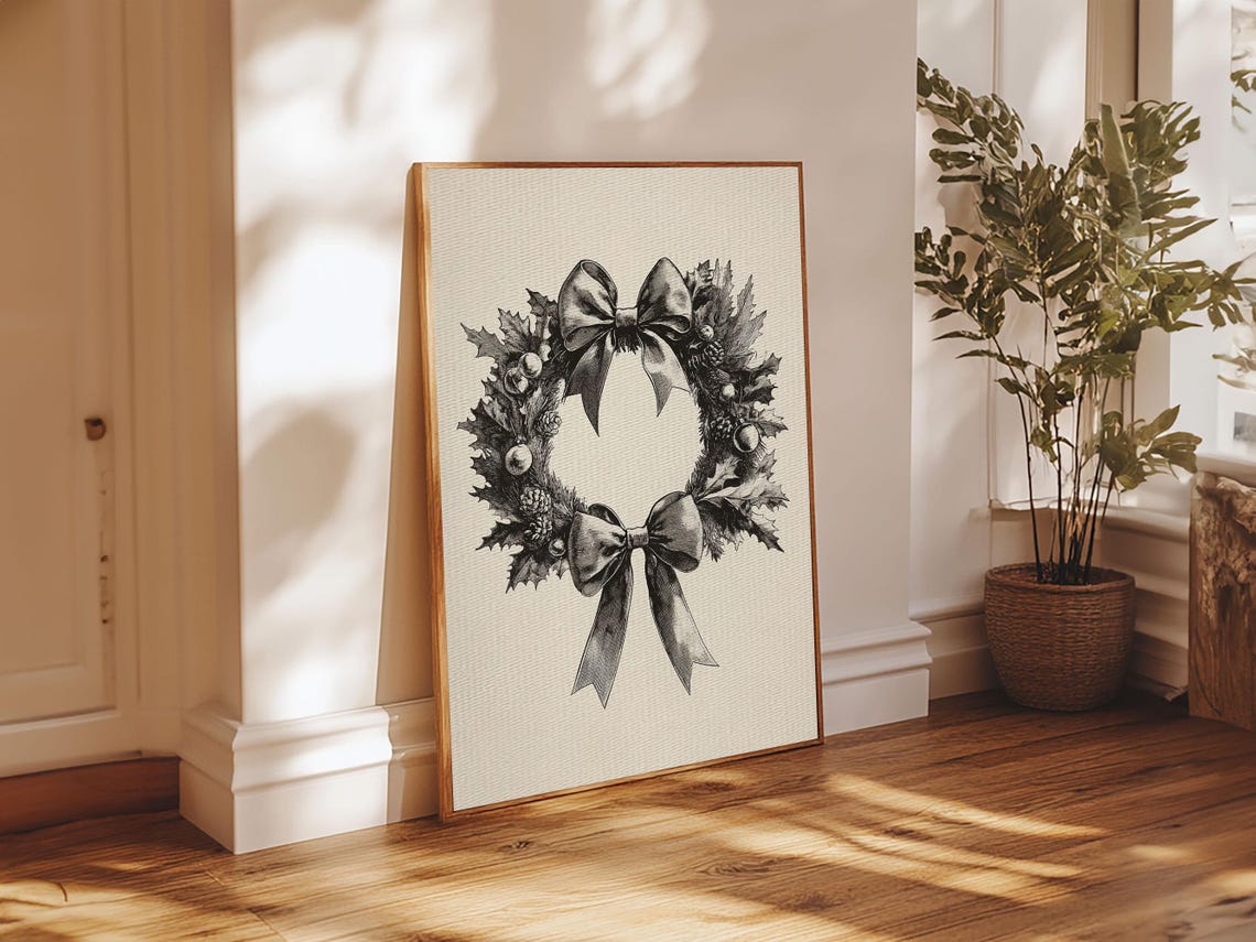 Christmas Wreath Sketch Bow Black And White Minimalist Holiday Poster - Image 5