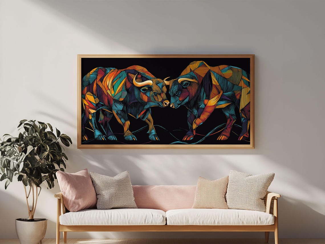 Two Colorful Geometric Bulls Black Background Modern Animal Art Poster - Image 6