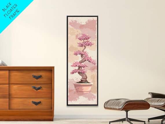 Tall Skinny Art Japanese Style Wood Block Print Potted Bonsai Tree On A Textured Background In Ukiyo E Style For Framed Print