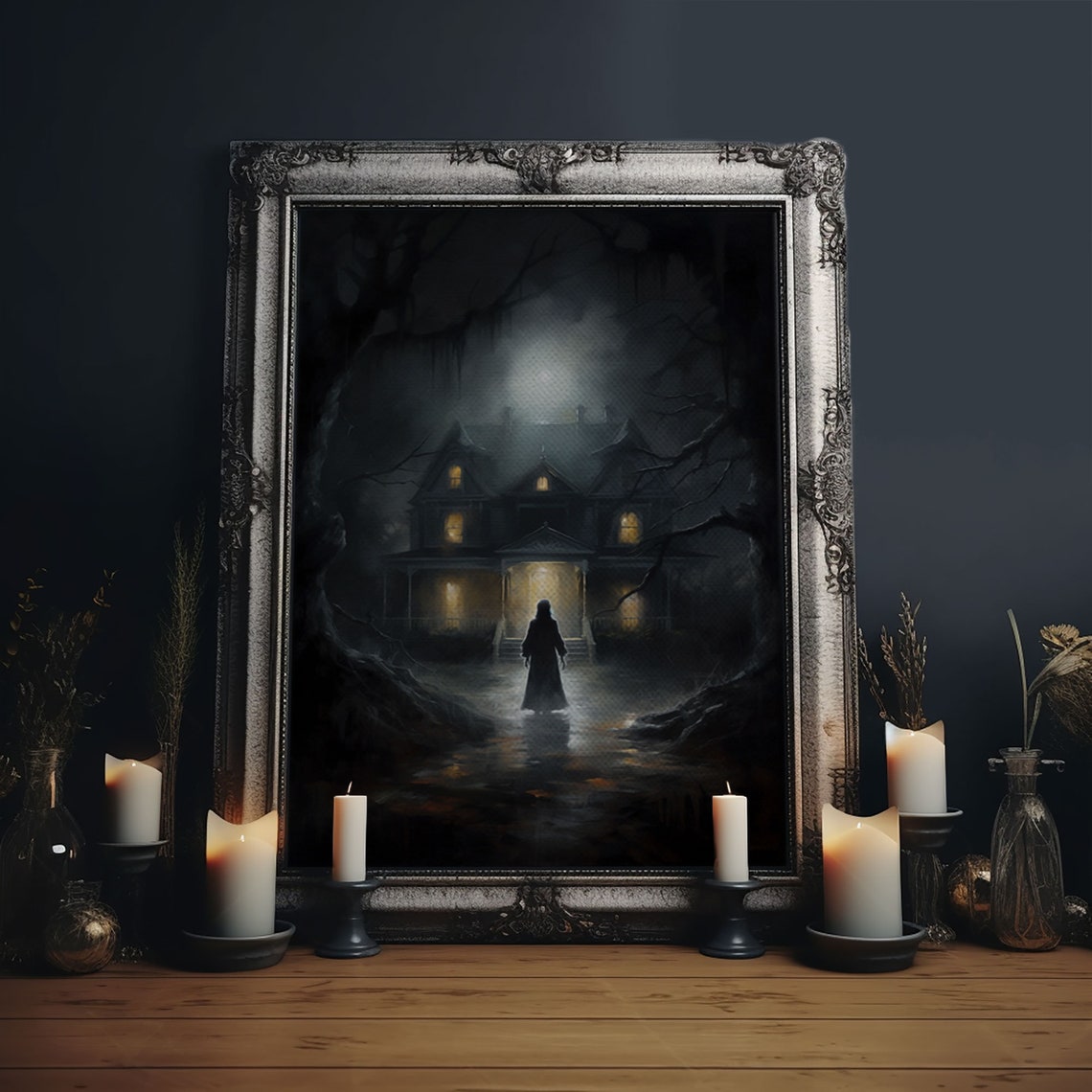 Haunted Mansion Moonlight Hooded Figure Dark Gothic Horror Art Poster