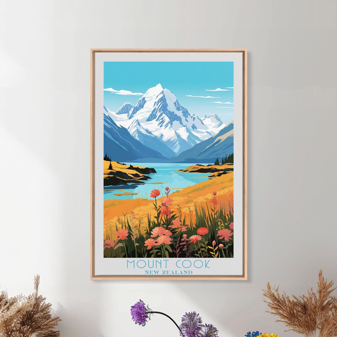 Mount Cook New Zealand Snow Peak Alpine Lake Wildflower Travel Poster - Image 3