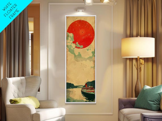 Large Red Sun Over River Japanese Art Inspired By Ukiyo E Framed Print For Tall Skinny Wall Spaces