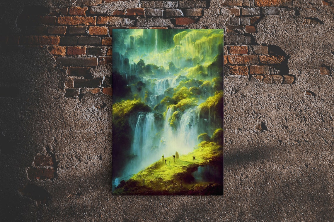 Fantasy Waterfall In Glowing Green Mossy Canyon Landscape Wall Art