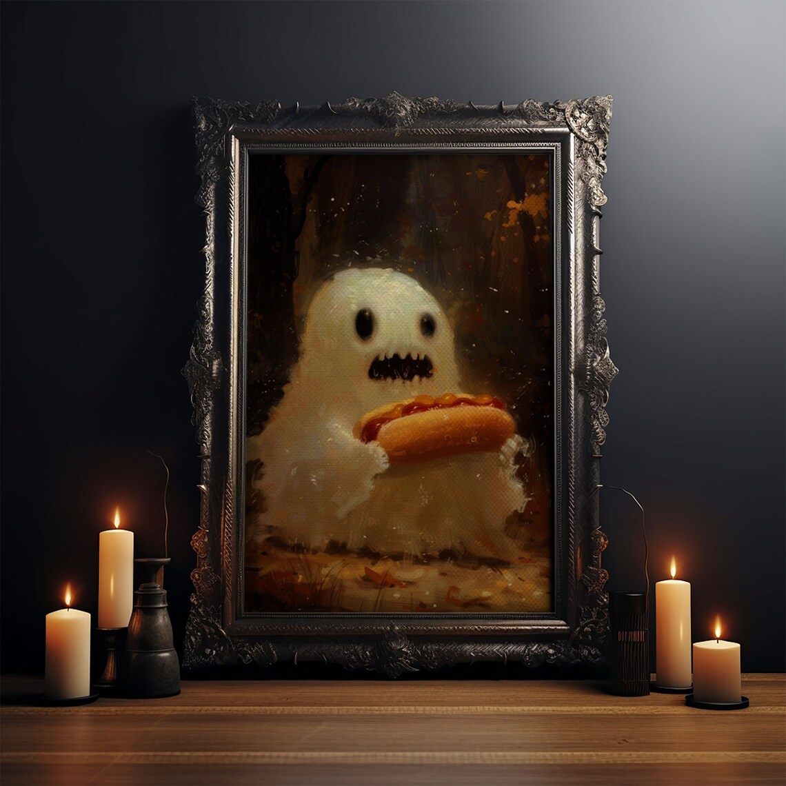 Cute Chubby Ghost Eating Hot Dog Autumn Forest Funny Art Poster - Image 3