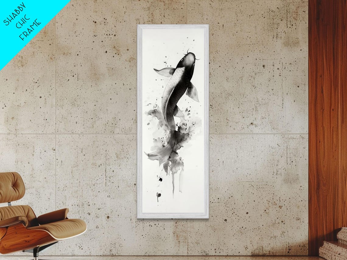 Black Ink Koi Fish Leaping Japanese Sumi E Style Wall Art Poster - Image 5