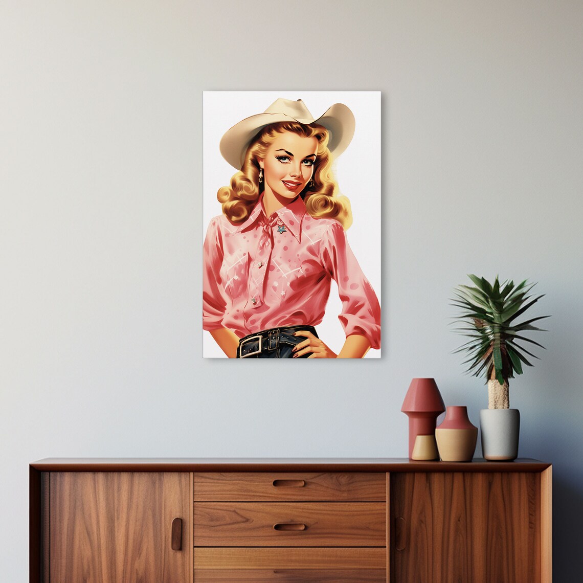 Pink Cowgirl Retro Pin Up Style White Cowboy Hat Western Poster - Image 6