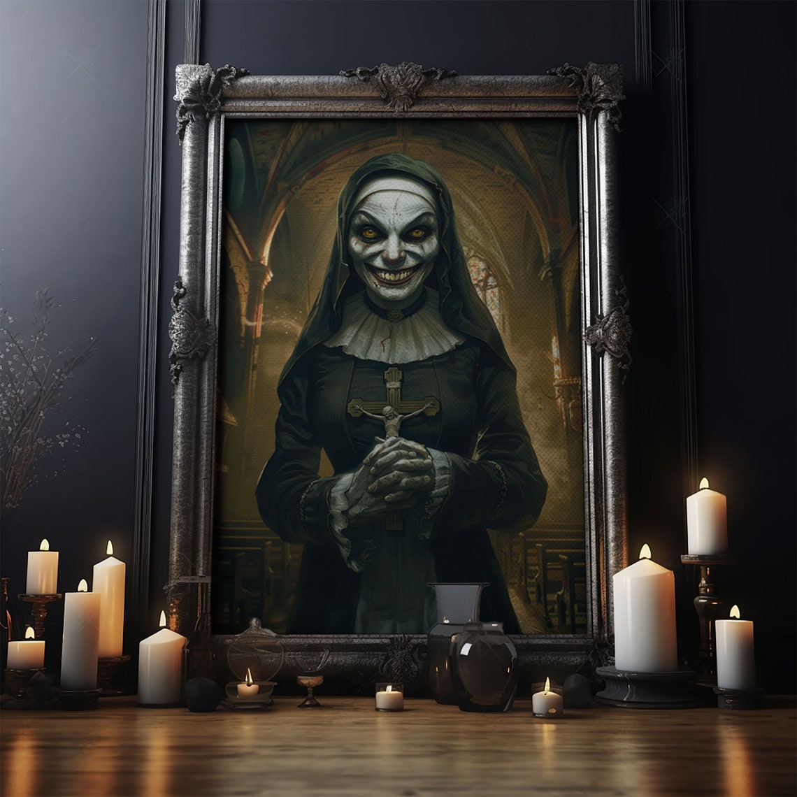Sinister Grinning Nun Skull Face Cathedral Gothic Horror Art Poster - Image 5