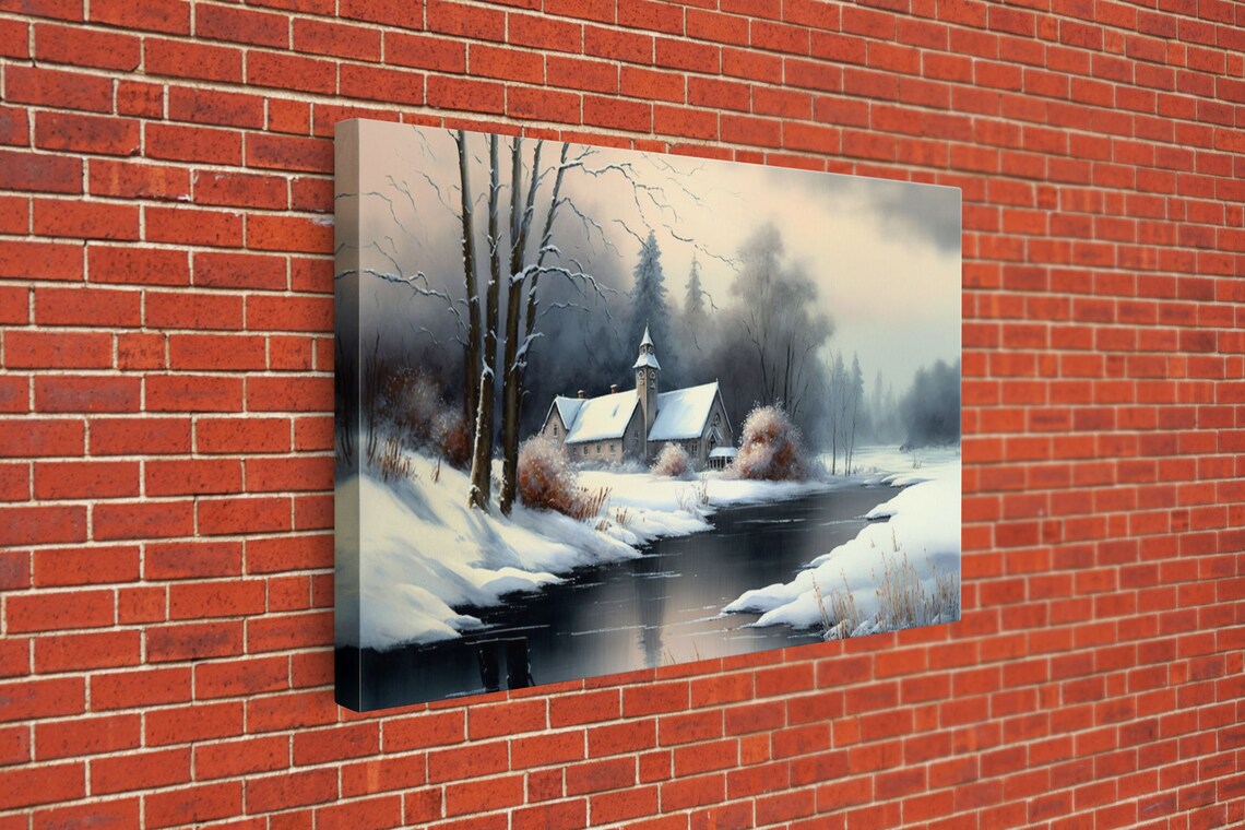 Snow Covered Landscape Church Art, Boho Minimalist Modern - Image 3
