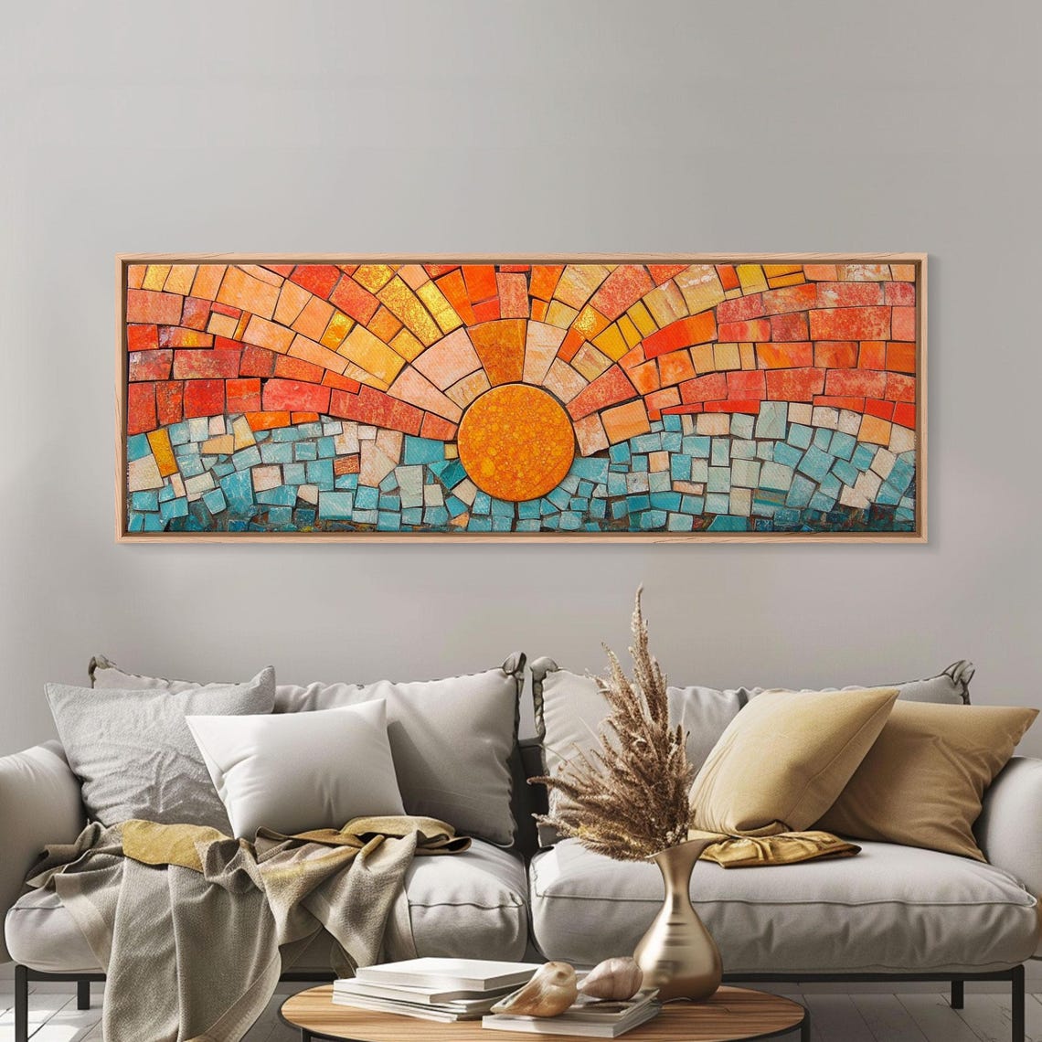 Mosaic Sunset Sun Over Turquoise Water Orange Tiles Wall Poster - Image 5