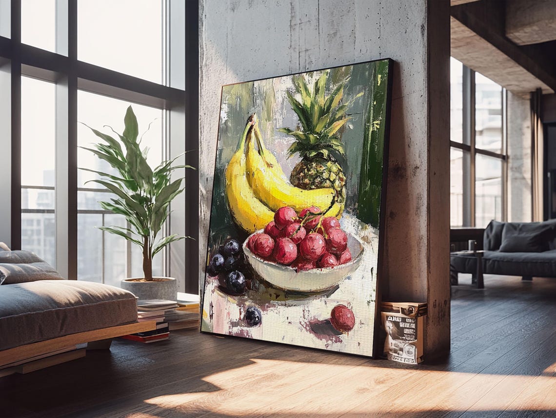 Banana Pineapple Cherries Fruit Bowl Still Life Oil Painting Poster - Image 4