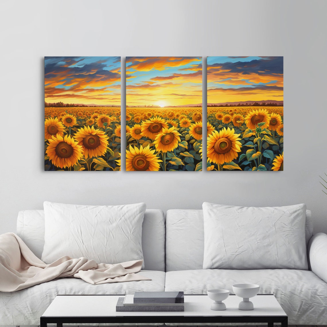Sunflower Field Sunset Triptych Vibrant Golden Blooms Wall Art Poster - Image 6