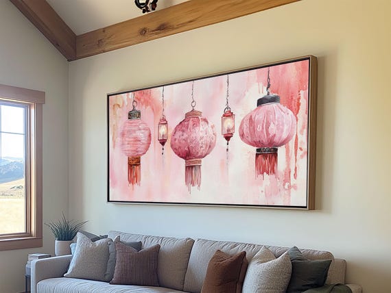 Pink Lanterns Print Chinoiserie Wall Art Moroccan Wall Art Whimsical Art Living Room Art Rustic Decor Fall Gift Idea