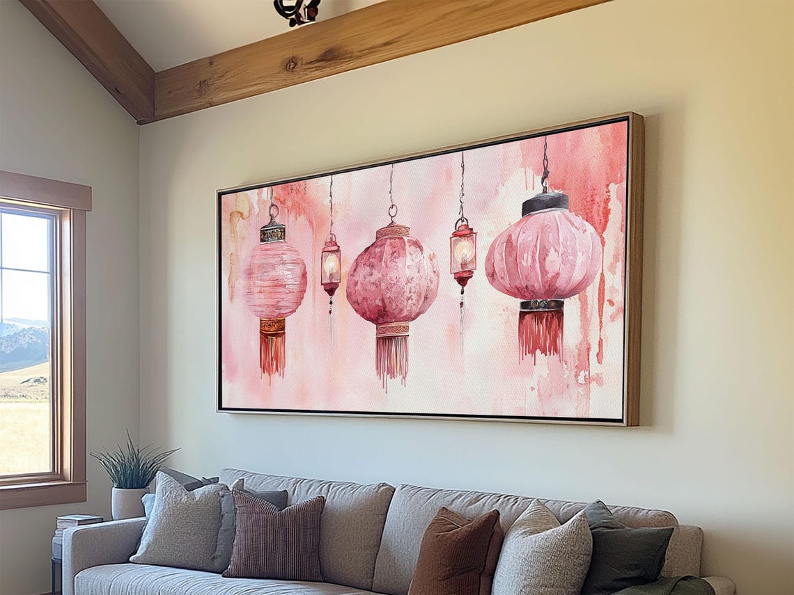Pink Lanterns Print Chinoiserie Wall Art Moroccan Wall Art Whimsical Art Living Room Art Rustic Decor Fall Gift Idea