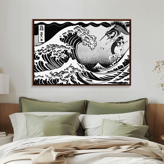 Beautiful Black And White Ocean Wave Wall Art Framed Print Retro Japanese Inspired Hokusai Style Wave Art