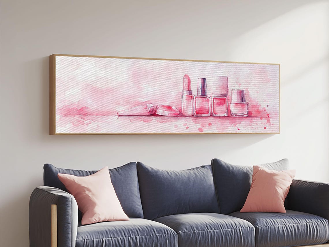 Pink Watercolor Makeup Lipstick Nail Polish Vanity Wall Art Poster - Image 2