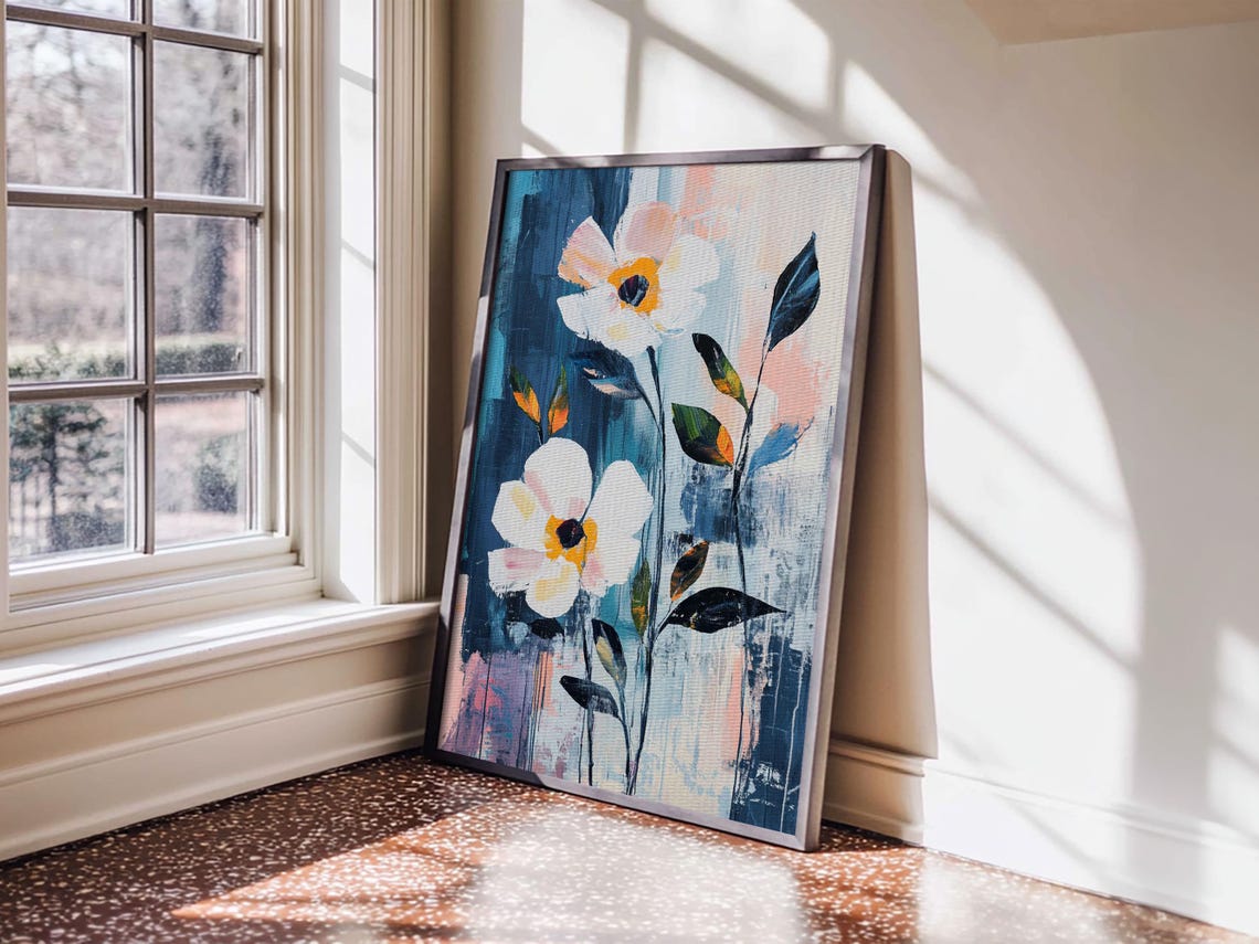 White Anemone Flowers Abstract Blue Oil Painting Floral Print - Image 3