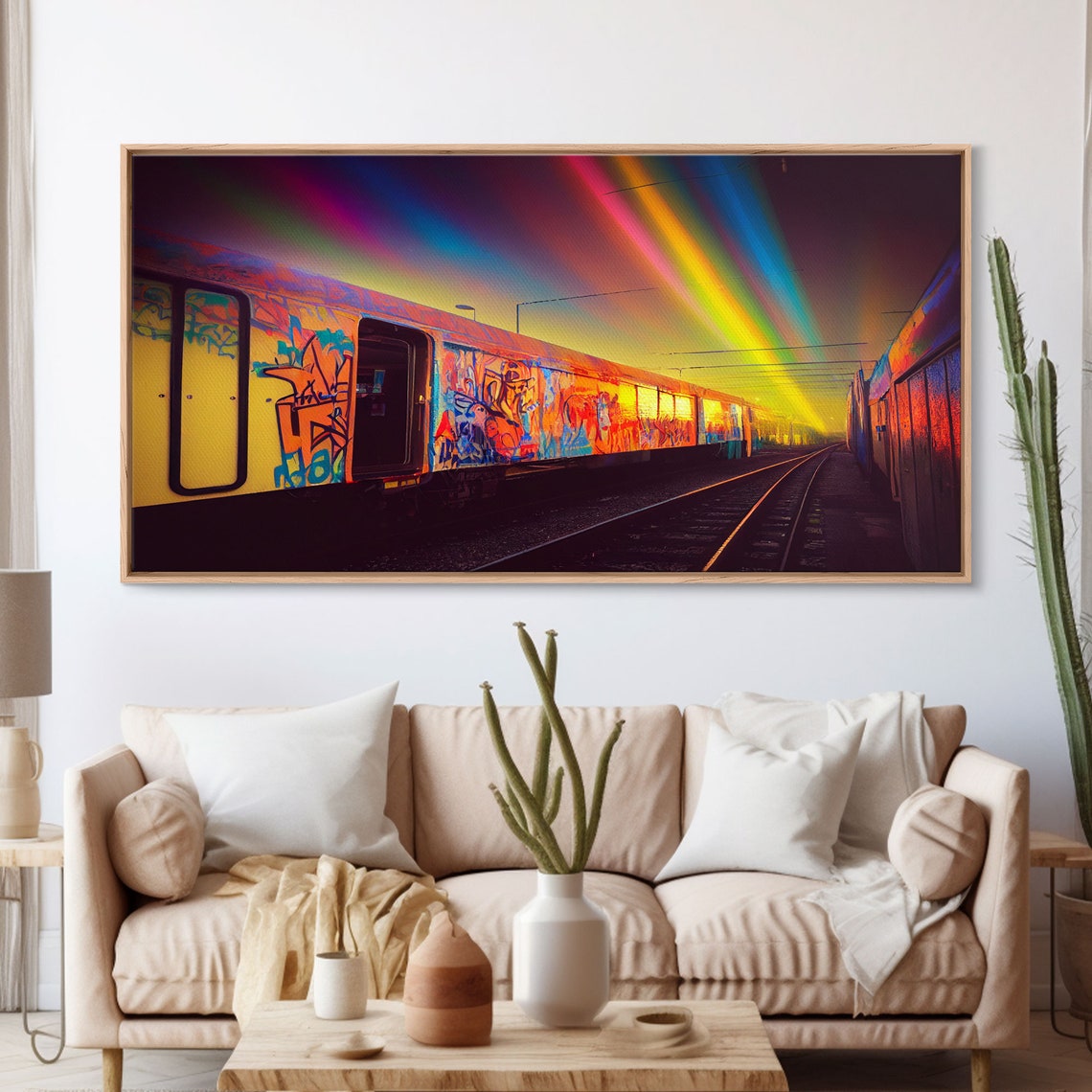 Graffiti Train At Night With Rainbow Light Beams Overhead Urban Print - Image 3