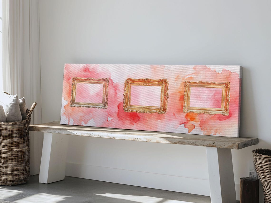 Gold Picture Frames Trio Pink Watercolor Panoramic Canvas Poster - Image 2