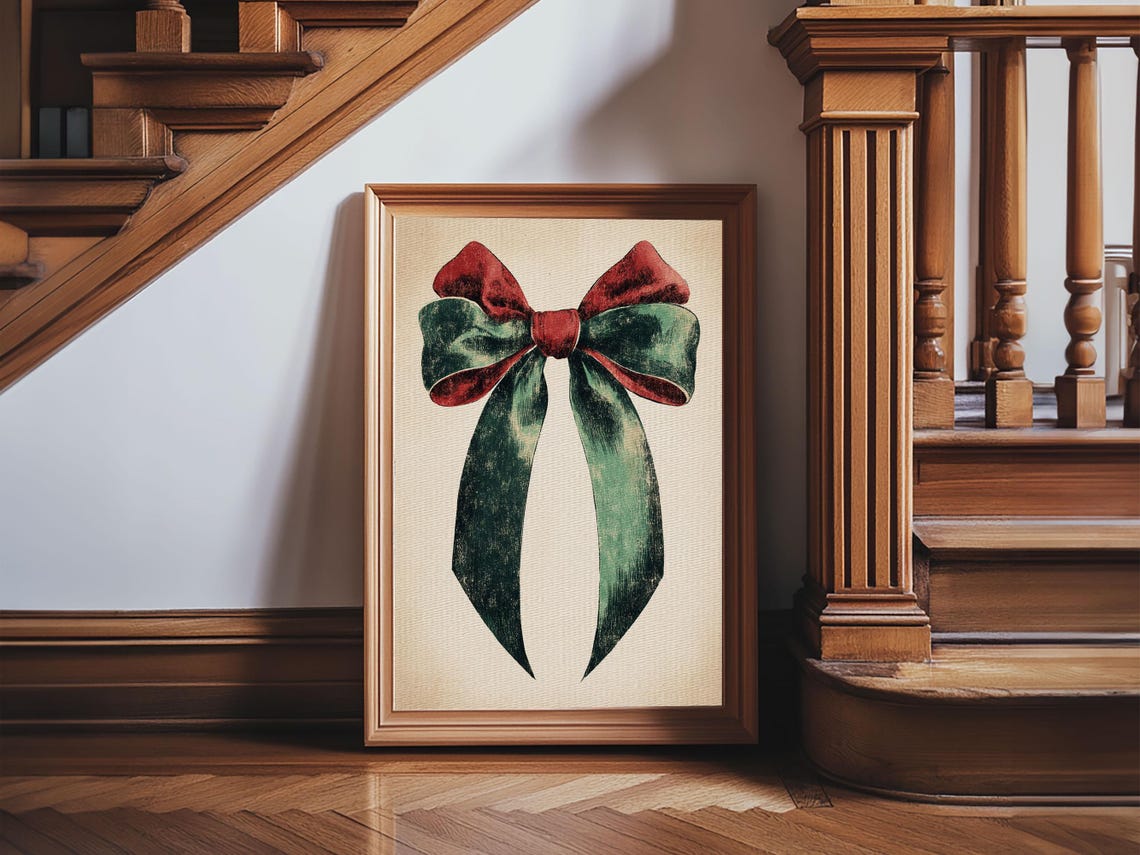 Vintage Red and Green Christmas Gift Bow Illustration Holiday Wall Art - Image 5
