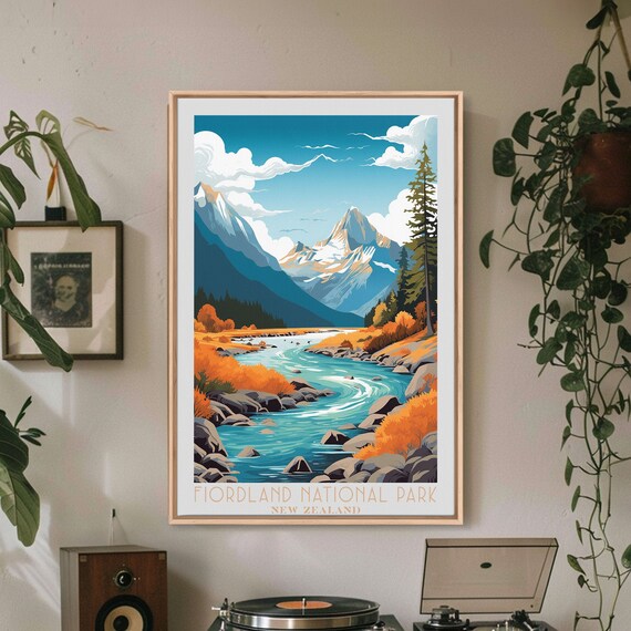Fiordland New Zealand Alpine River Snow Peaks Autumn Foliage View Poster