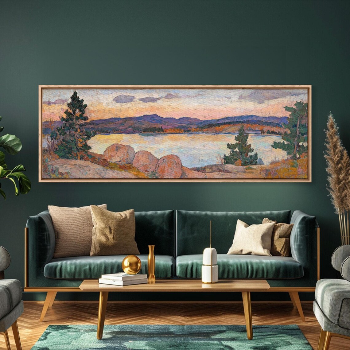 Moody Lake Sunset Golden Sky Rocky Shore Pines Oil Painting Poster