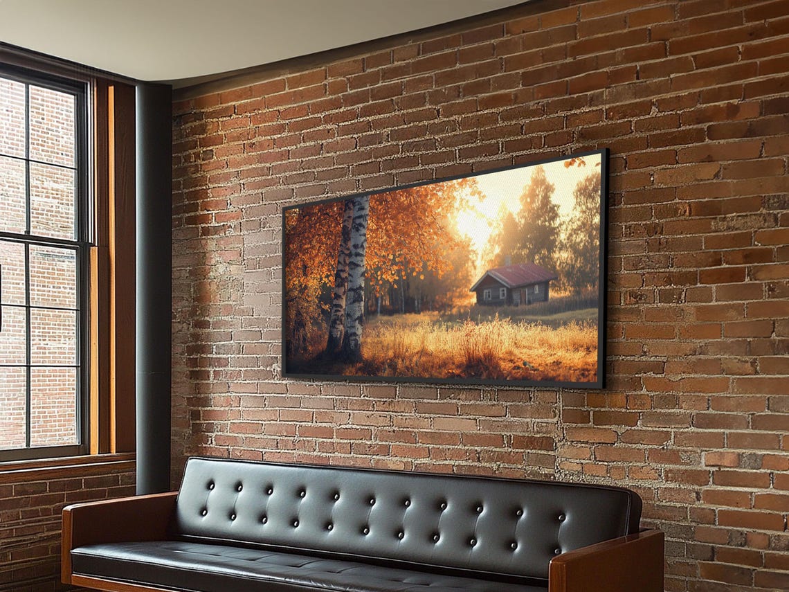Cozy Autumn Cabin Birch Trees Golden Fall Sunset Landscape Poster - Image 6