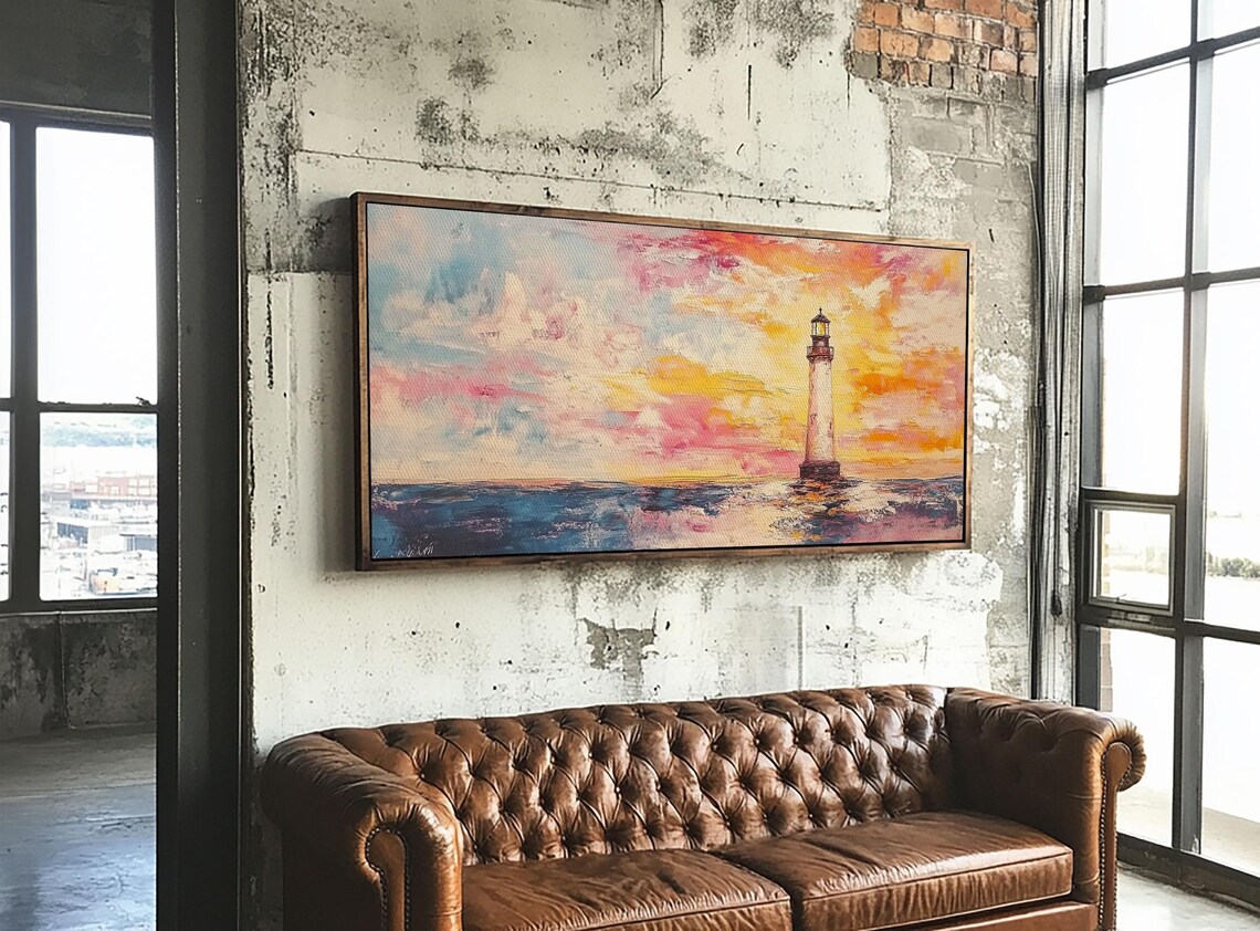 Lighthouse Sunrise Pastel Pink Sky Ocean Waves Coastal Art Travel Poster - Image 3